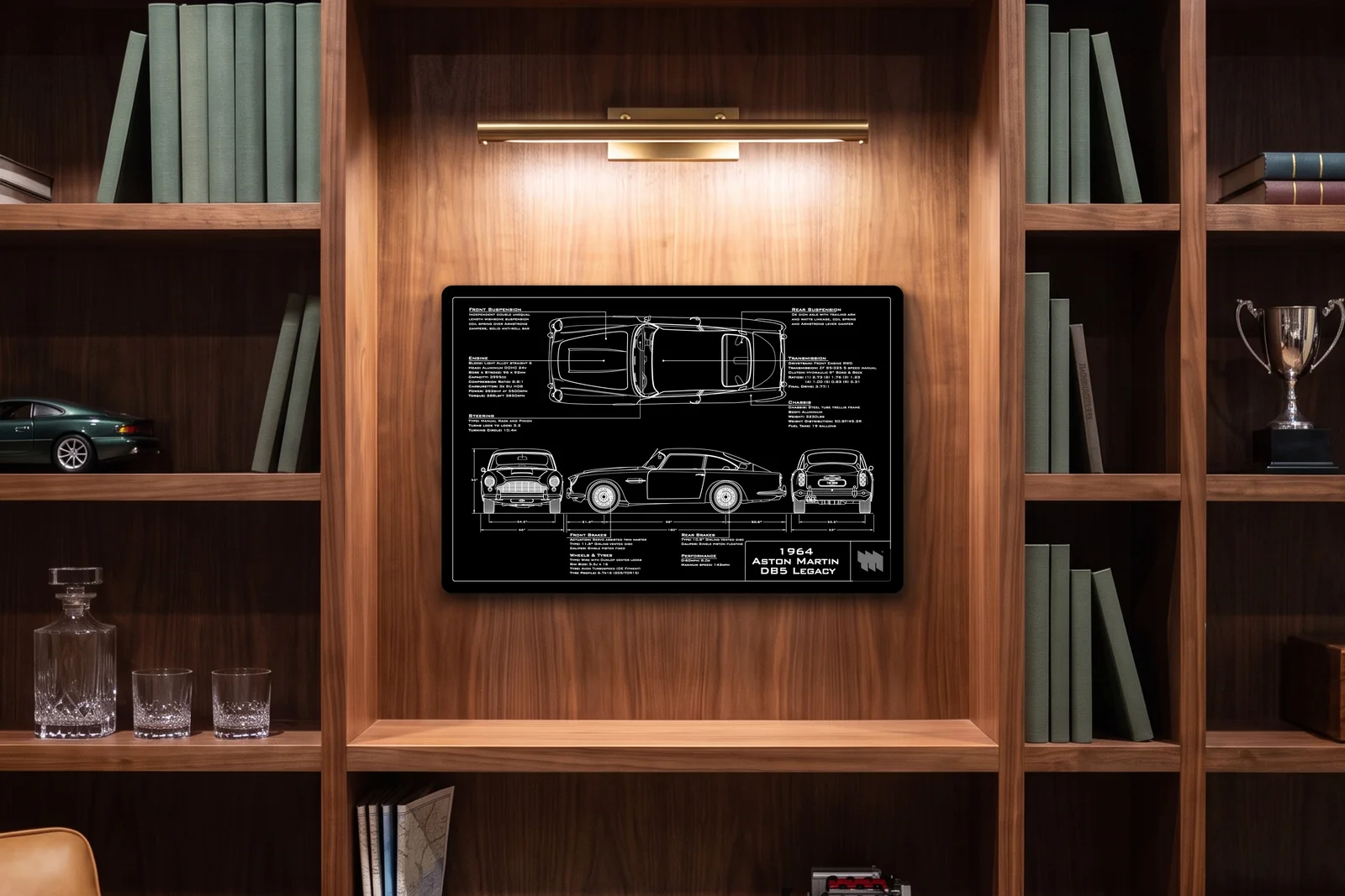 1964 Aston Martin DB5 Legacy, in a walnut library, landscape
