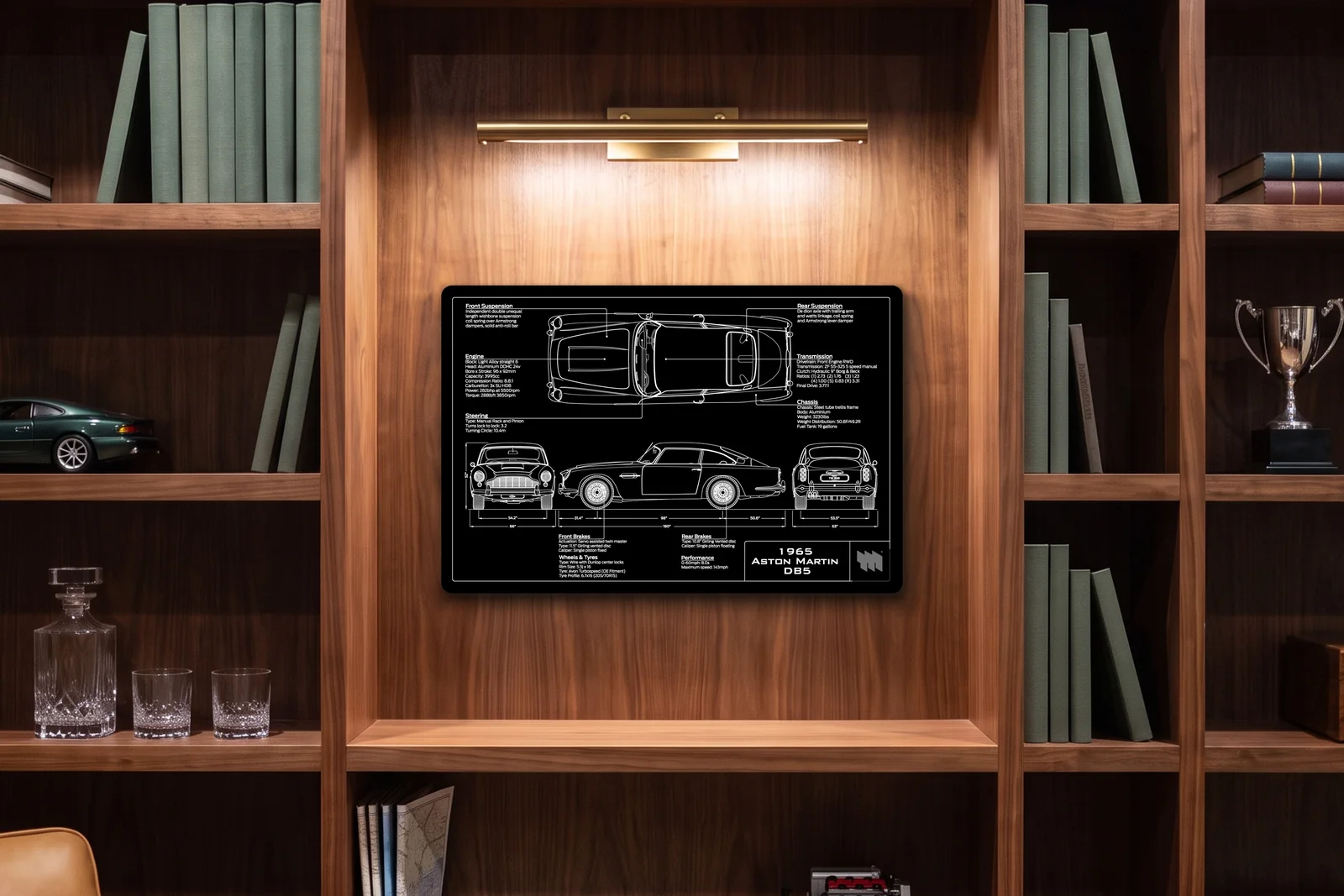 1965 Aston Martin DB5, in a walnut library, landscape