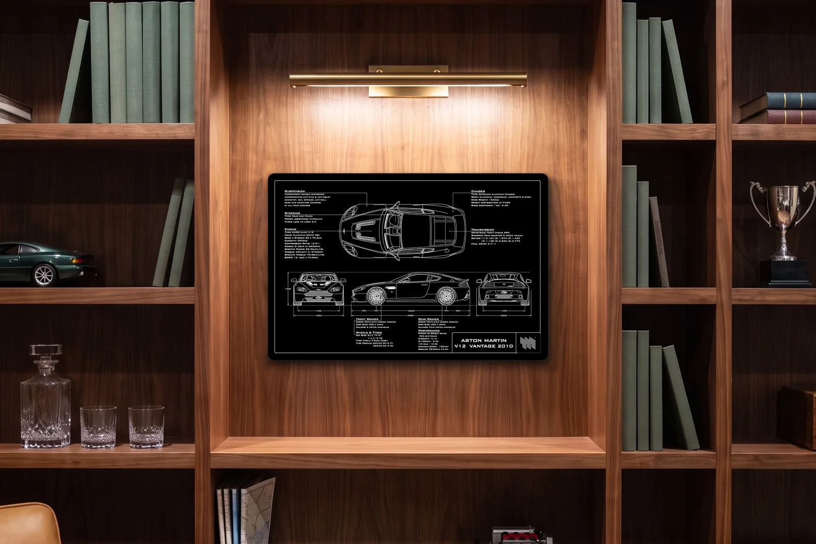 2010 Aston Martin V12 Vantage, in a walnut library, landscape