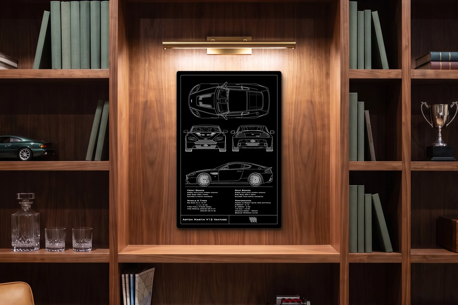 2010 Aston Martin V12 Vantage, in a walnut library, portrait