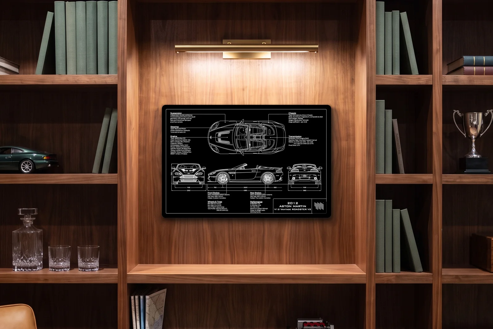 2012 Aston Martin V12 Vantage Roadster V2, in a walnut library, landscape