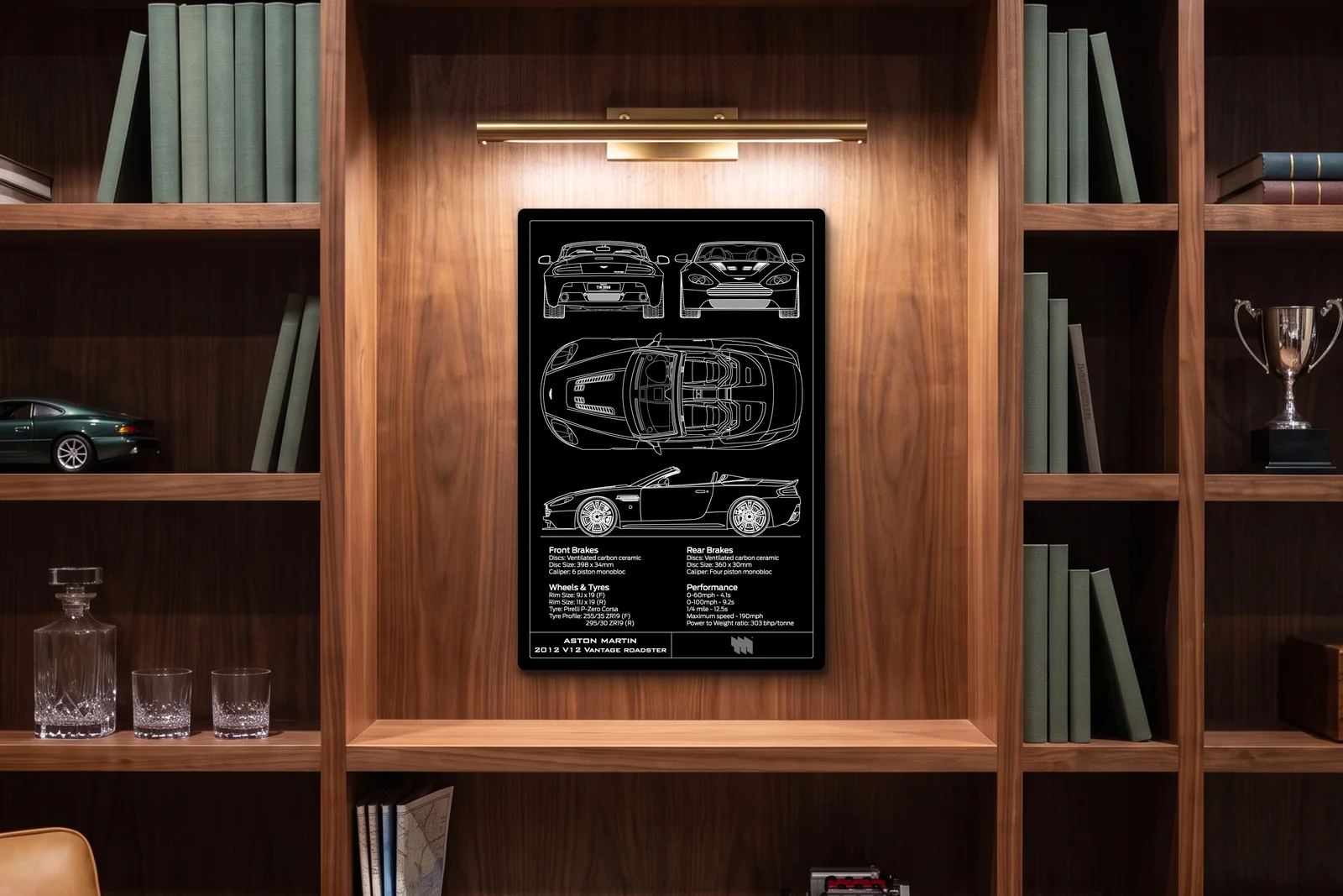 2012 Aston Martin V12 Vantage Roadster, in a walnut library, portrait