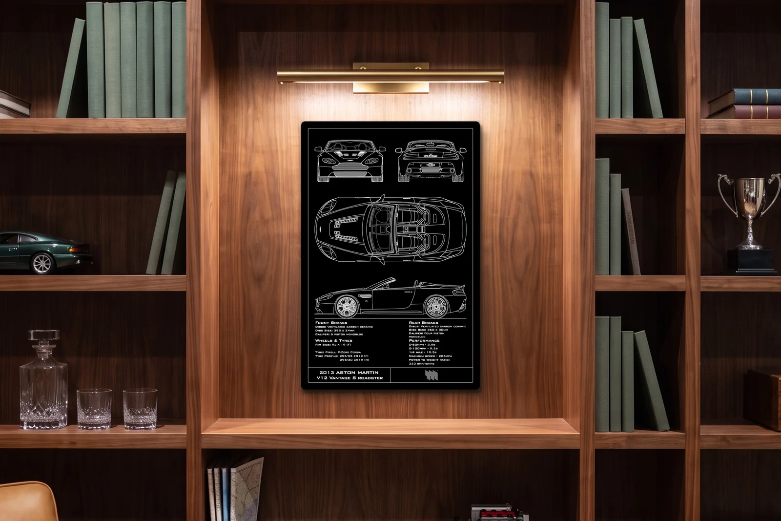 2013 Aston Martin V12 Vantage S Roadster, in a walnut library, portrait