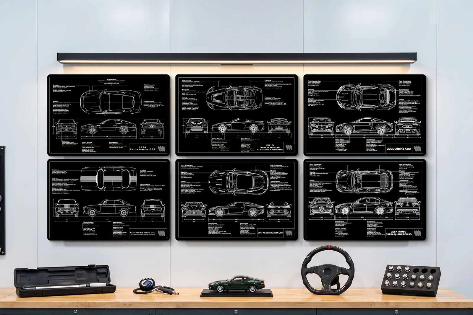 2013 Aston Martin V12 Vantage S Roadster, one of six on a workshop wall