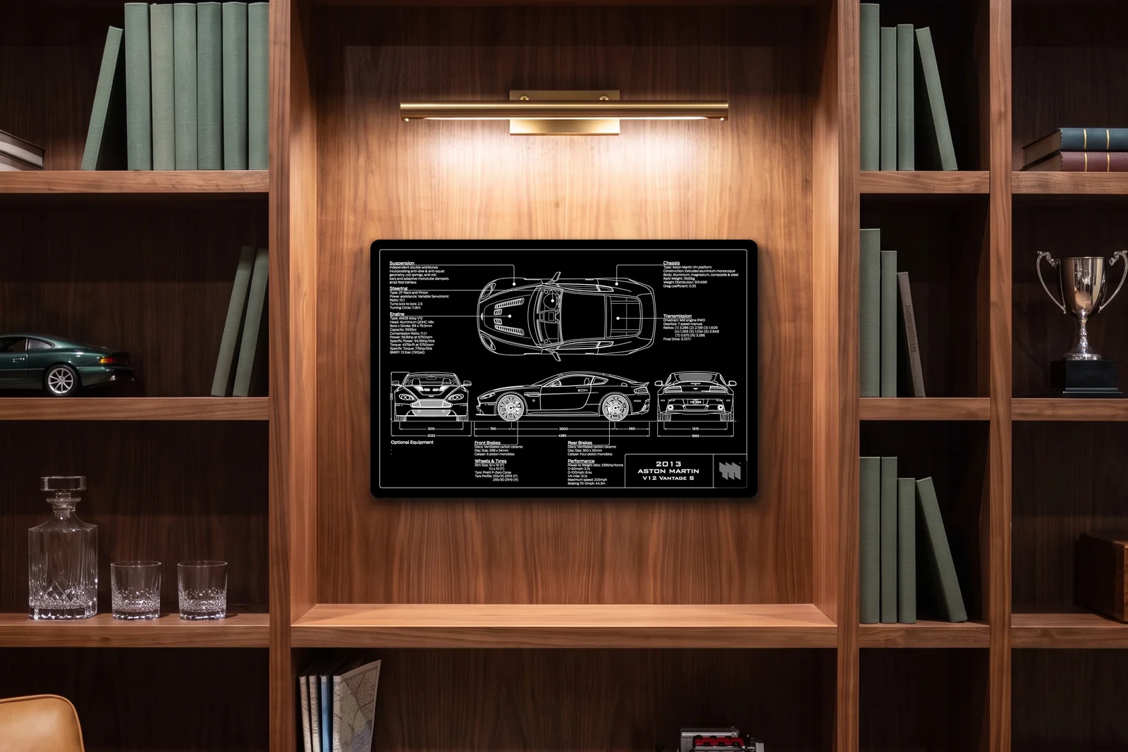 2013 Aston Martin V12 Vantage S, in a walnut library, landscape