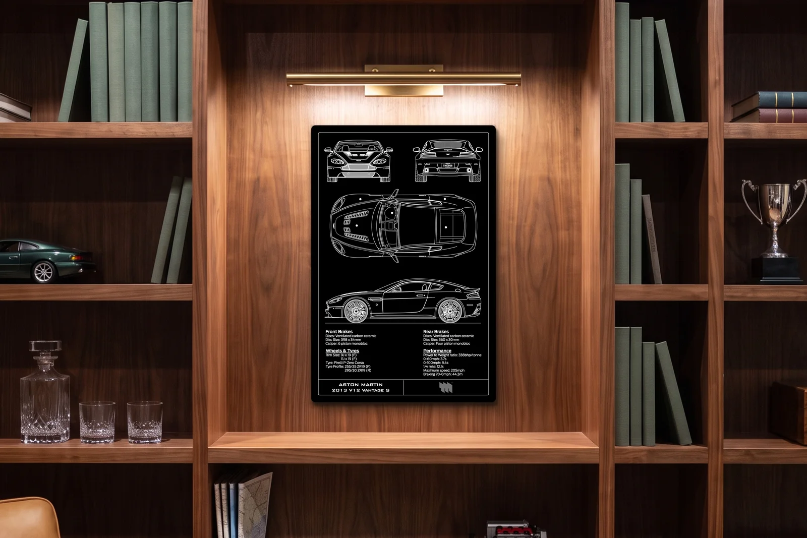 2013 Aston Martin V12 Vantage S, in a walnut library, portrait