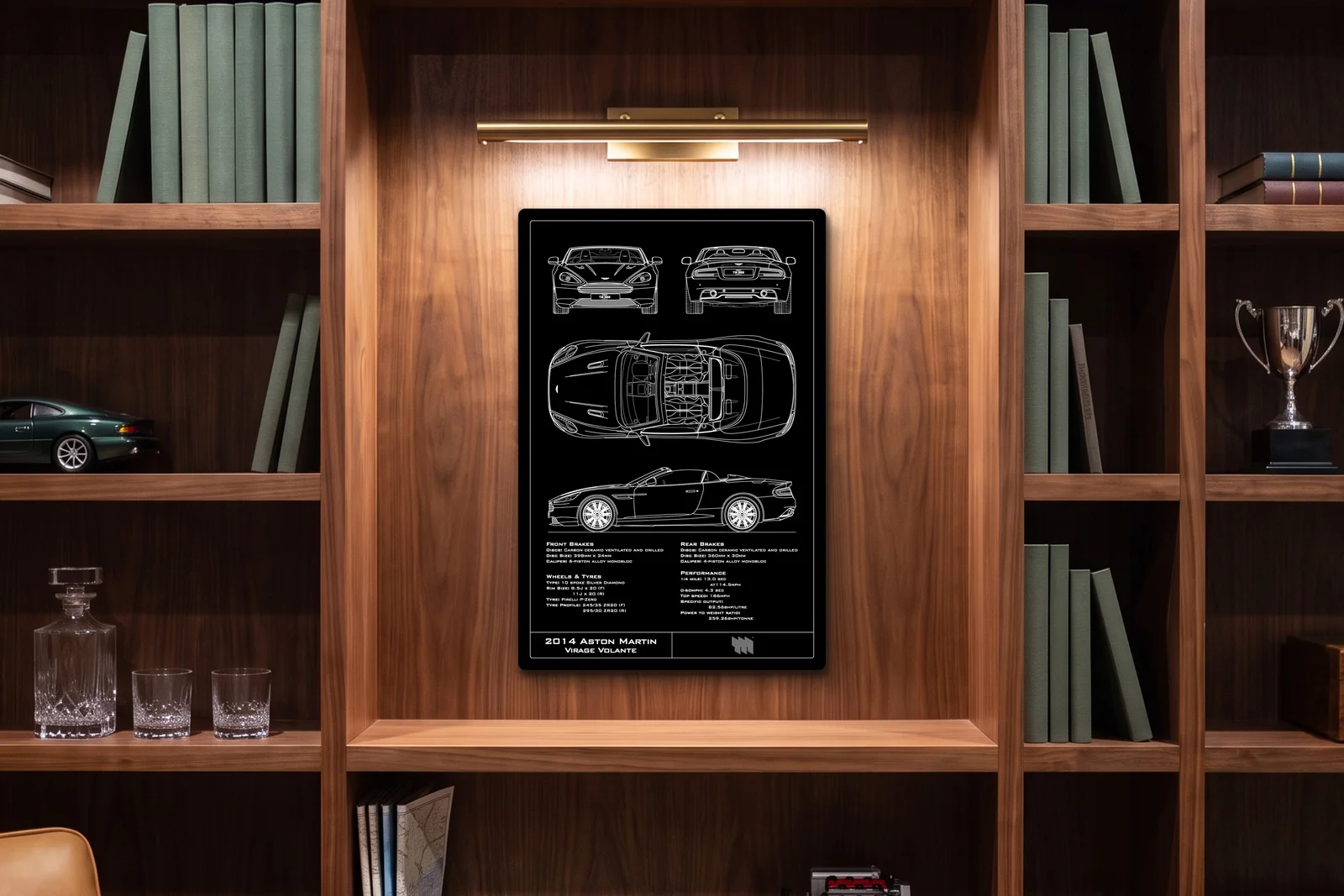 2014 Aston Martin Virage Volante, in a walnut library, portrait
