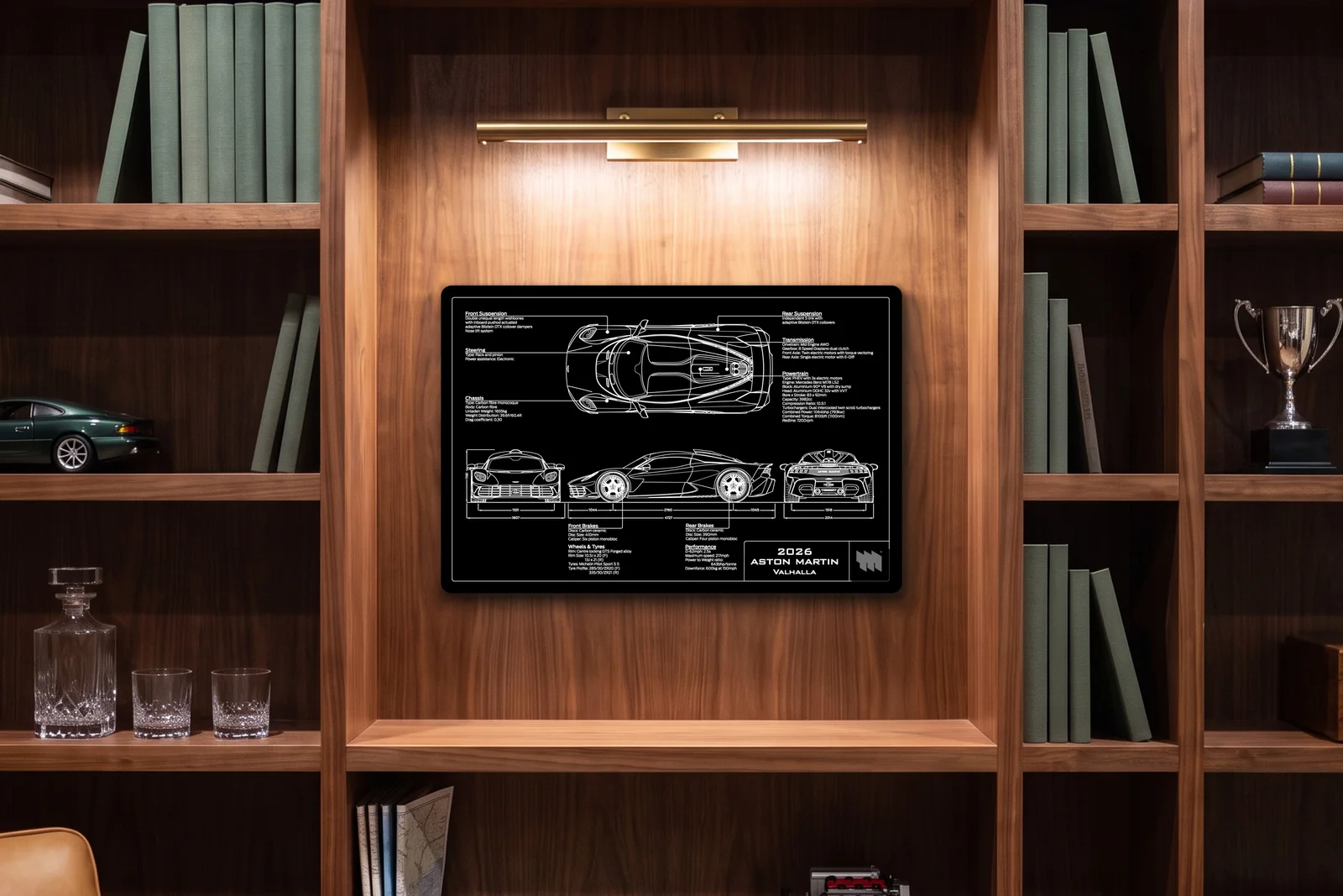 2026 Aston Martin Valhalla, in a walnut library, landscape