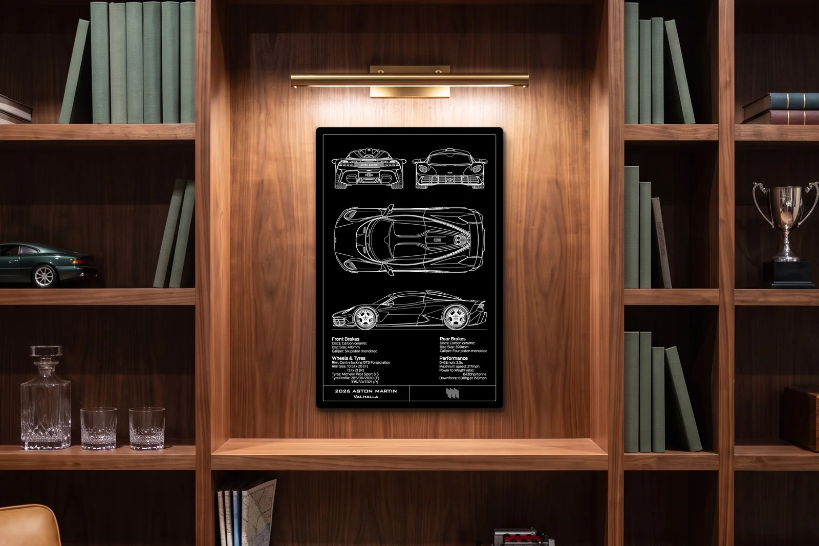 2026 Aston Martin Valhalla, in a walnut library, portrait